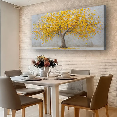 Peinture sur toile jaune à motif d'arbre de ginkgo abstrait, convient à la décoration murale dans les salons, salles à manger, bureaux, bureaux, chambres à coucher et autres espaces, style moderne