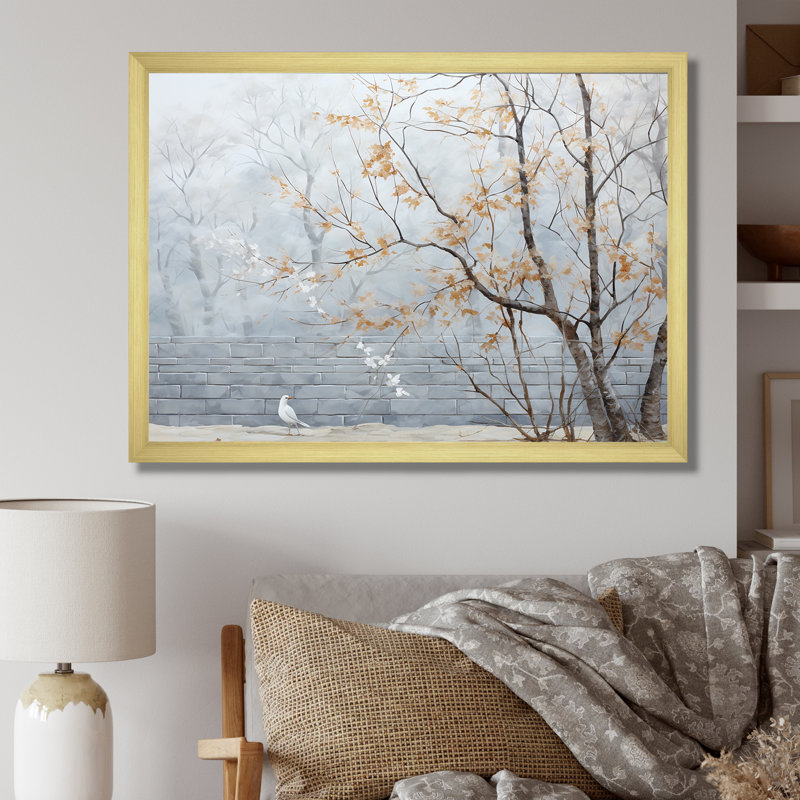 Minimalisme, arbre fleur gris - art mural cerisier en fleurs, Cadre doré à coins fermés, H 16 po x l 32 po x P 1 po