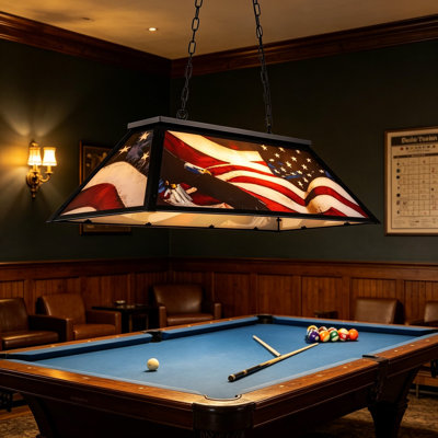 Tiffany-Style Pool Table Light 3 Light, 43.3 Inch Billiards Fixture with American Flag Shade, No Shadow Lighting for 7-8 Foot Tables, Vintage Hanging Chandelier for Game Room Bar Kitchen Island Man Cave