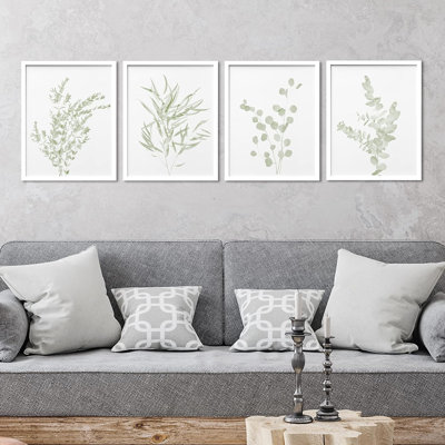 Minimal Botanical " IDEA4WALL Framed Pastel Green Forest Leaves Wall Art, Set Of 4 Nature Wilderness Wall Decor Prints, Botanical Floral Wall Decor For Living Room, Bedroom " 4 - Pieces