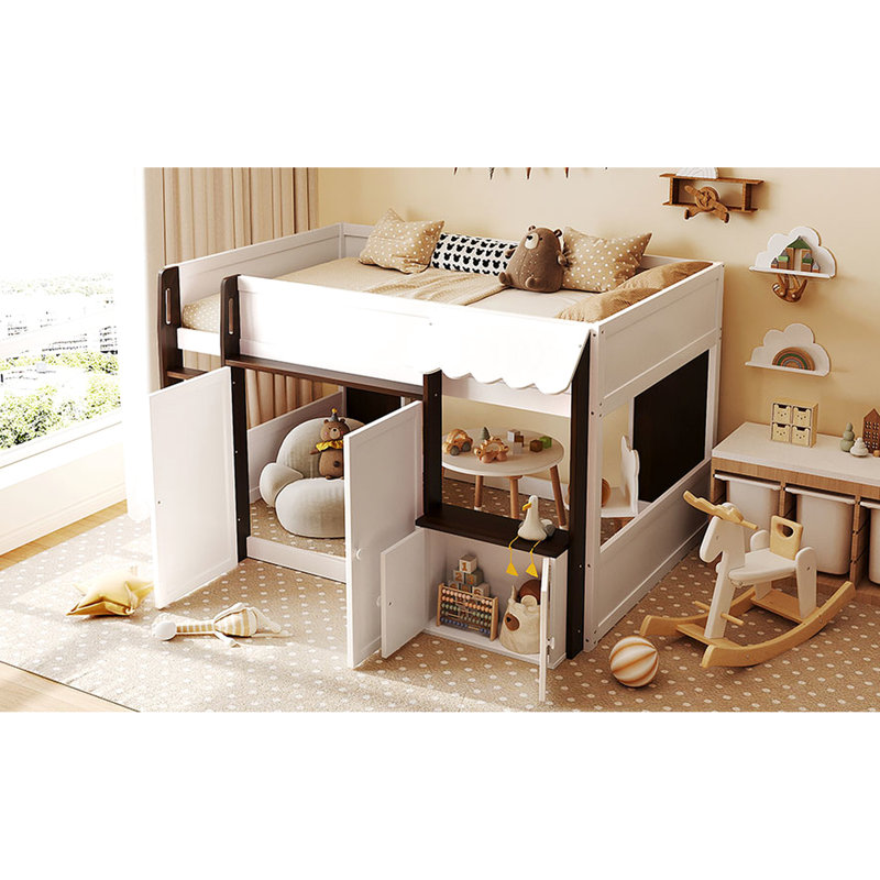 + Lit mezzanine double blanc pour les adolescents, maisonnette avec auvent festonné, grande aire de jeu inférieure, rangement intégré, bonne maison de ventilation, lit de style chalet fantaisiste, espace, armoires, et