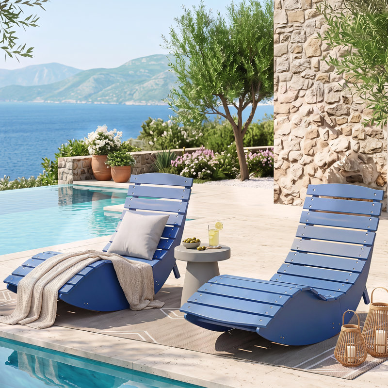 Chaise longue à bascule d'extérieur en PEHD avec siège à lattes, dossier haut et bouchon, pliable, Navy blue