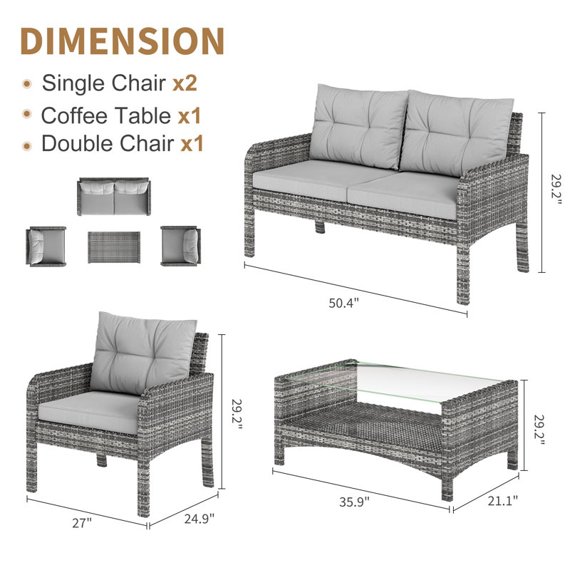 Ensemble de conversation avec canapé et coussins en rotin 4 pièces, Gris
