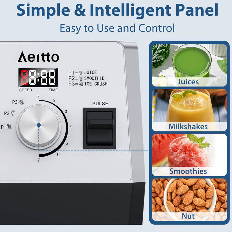 Aeitto Blender 1800W Powerhouse for Smoothies, Ice Crushing & More，Blenders for Kitchen with 68Oz silver