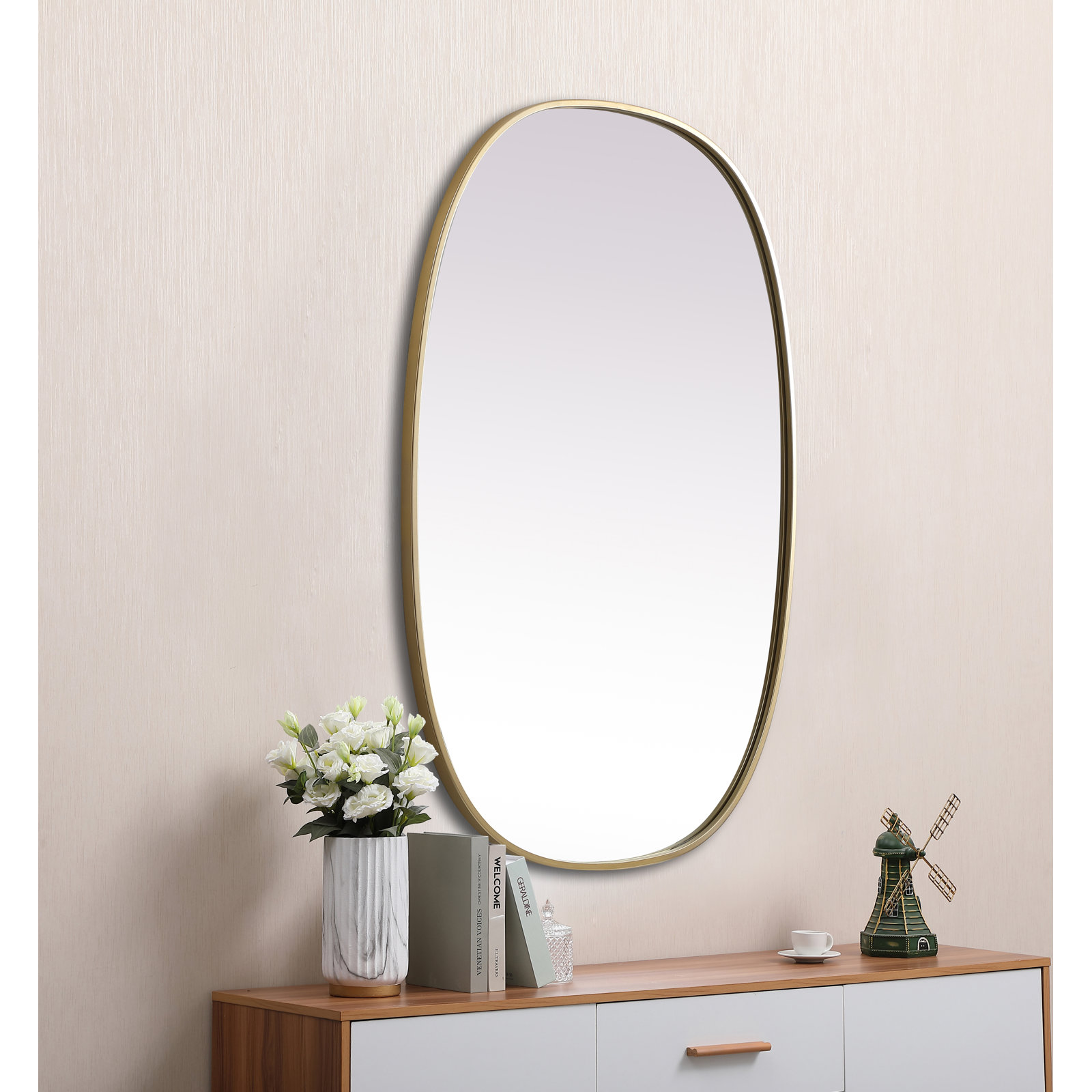 Sabine Metal Curved Oval Wall Mirror, Brass, 40" x 27"