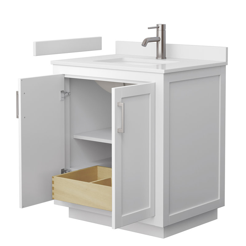 Ensemble de meuble-lavabo simple autoportant 30 po avec plateau en marbre Miranda, Blanc, Nickel brossé