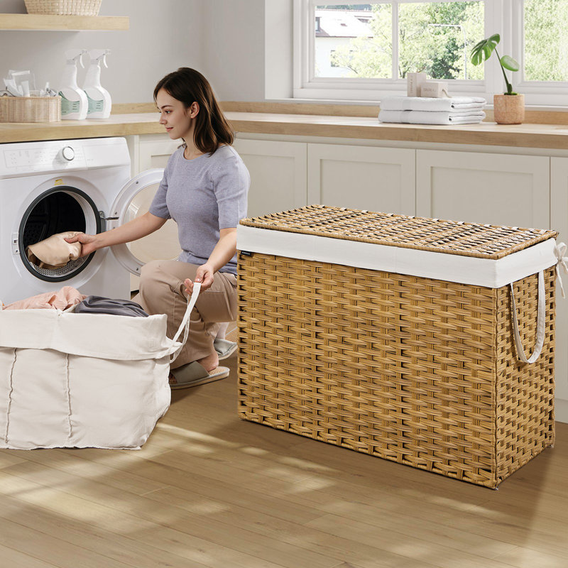 Laundry Hamper With Lid, 200 L Clothes Hamper With 2 Removable Liner Bags, 6 Mesh Bags, Wicker Laundry Basket, Double Laundry Hamper For Bathroom, 33.9 X 15.7 X 24 Inches