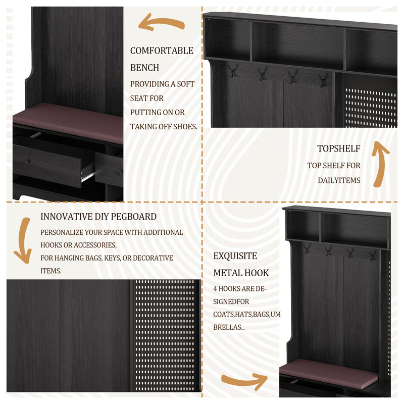 Arbre d'entrée noir multi-usages avec banc d'entrée en lin rembourré amovible, portemanteau, tablettes de rangement et panneau perforé pour l'organisation du couloir
