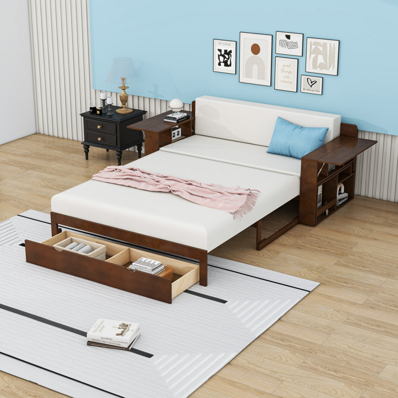 Convertible Wood Daybed with Built-in Desk, Drawers and Extendable Armrests, Espresso, Full/Double
