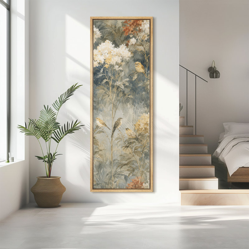 Reproduction d'art sur toile encadrée, oiseaux rétro parmi les fleurs blanches et le feuillage botanique, Naturel