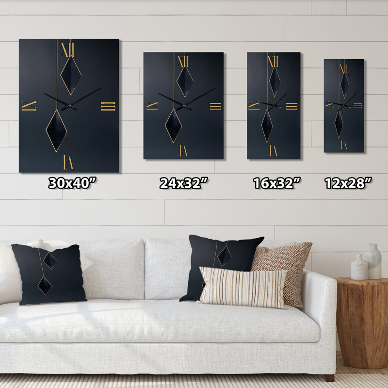 Horloge murale géométrique rétro en bleu et or II, H 28 po x l 12 po x P 1 po