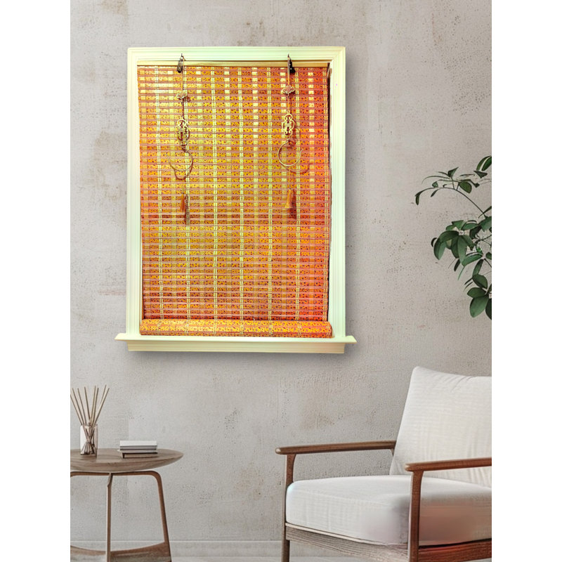 Store de fenêtre sans fil en bambou sans cordon, rideaux filtrant la lumière avec crochets décoratifs en laiton à thème oriental