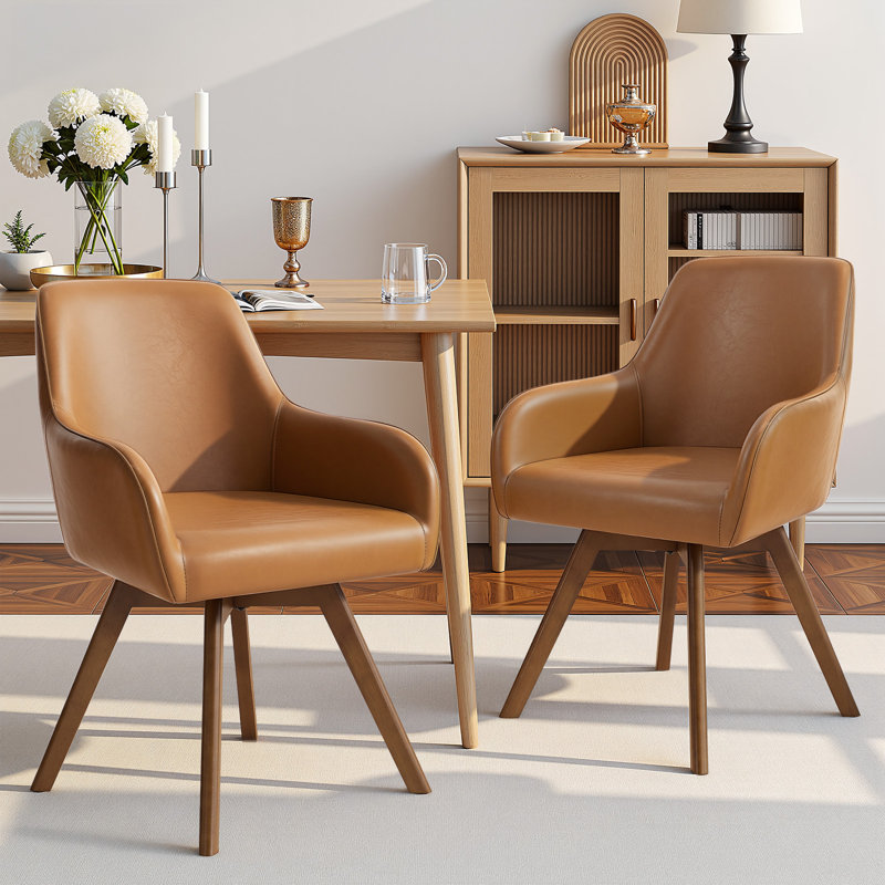 Advika 4.3" Thick Sponge Cushioned Seat, Mid-Century Modern Swivel Dining Chair, 360° Rotating Upholstered Armchair With PU Leather, Beech Wood Legs, Ergonomic High Back & Armrests, Comfortable Accent Chair