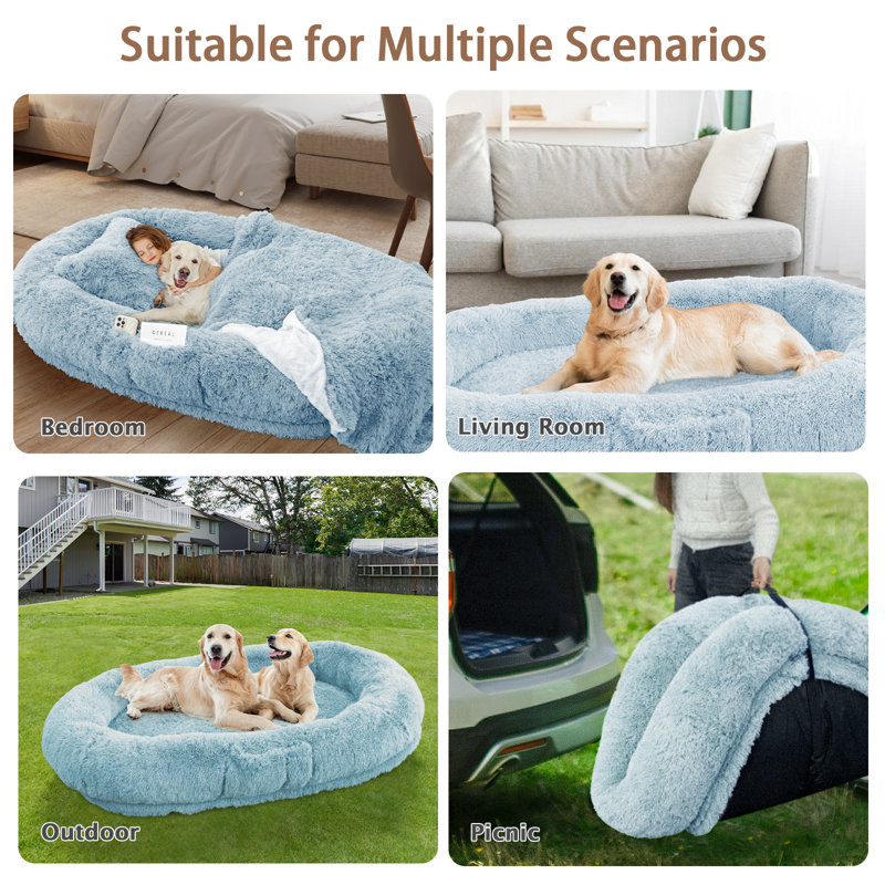 Grand lit pour chien de 78 po avec oreiller dodu, couverture, sangle - bleu, H 12 po x l 78 po x P 51 po, Bleu