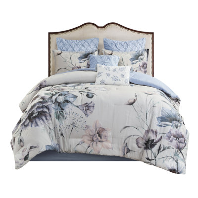 Blue Queen 8 Piece Comforter - Cotton Printed Shabby Chic, Alluring Floral Design, Filling, , Comprises 1 Comforter, 2 Euro Shams, Matching 3 Decorative Pillows, Bed Skirt, Steam Iron For Fluffy Look