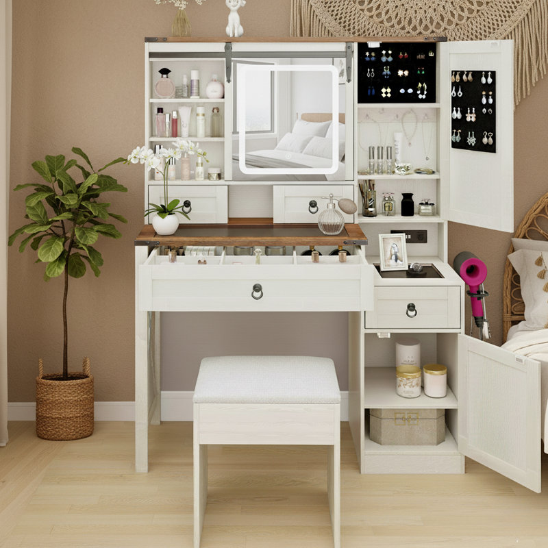 42" Farmhouse Makeup Vanity Set with Sliding Lighted Mirror, Glass Top & Charging Station, White