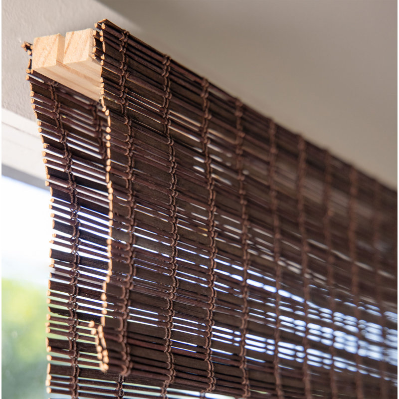 Cordless Light Filtering Woven Wood Bamboo Roman Shade with Valance, Gray, 27"W x 64"L