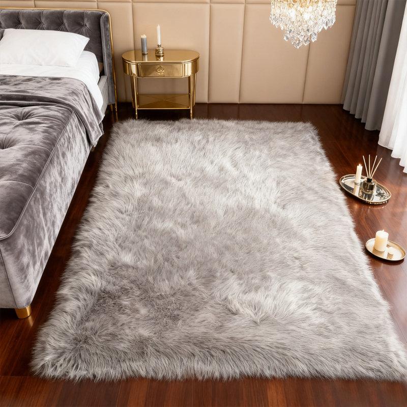 Luxurious Plush Gray Faux Sheepskin Rug, Rectangle 4' x 6'