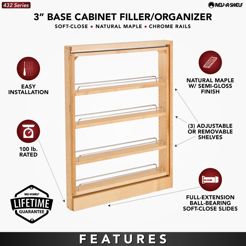 Rev-A-Shelf Pull-Out Base Filler Cabinet Rack w/ Soft-Close, 3" W