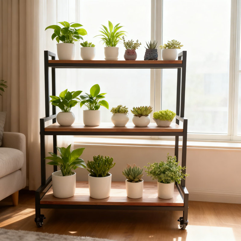 Support industriel à roulettes pour plantes avec roulettes, tablette à 3 niveaux en métal et bois massif pour l'intérieur et l'extérieur, échelle multi-niveaux pour plusieurs plantes