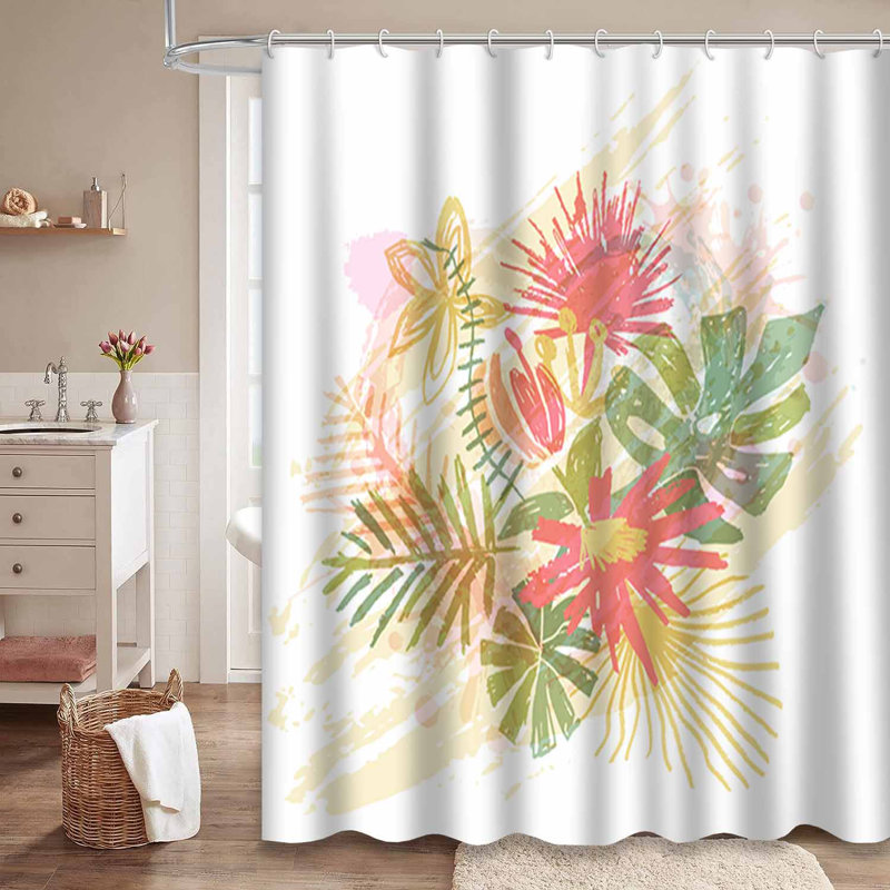 Rideau de douche tropical à motif floral aquarelle tropical avec 12 crochets, L 72 po x l 78 po