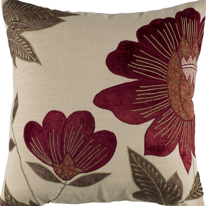 Beige and Red Floral Embroidered Cotton Velvet Pillow 18"