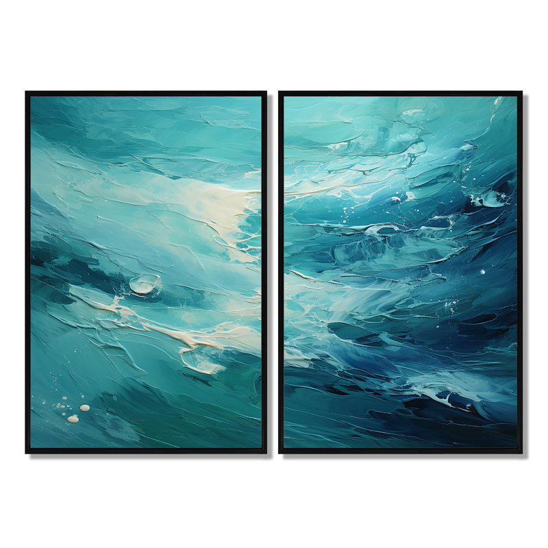 Bleu sarcelle oasis I - ensemble de 2 impressions sur toile modernes jaunes, Floater Framed Print without Mat, Black