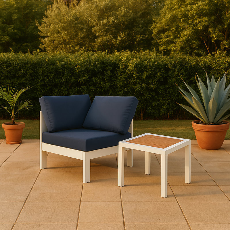 Chaise de patio avec coussins Lajoy, Blanc, Bleu marine