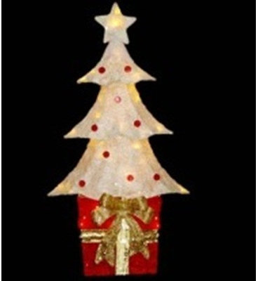 32" Lighted Sparkling Red and Cream Sisal Christmas Tree with Present Yard Art Decoration