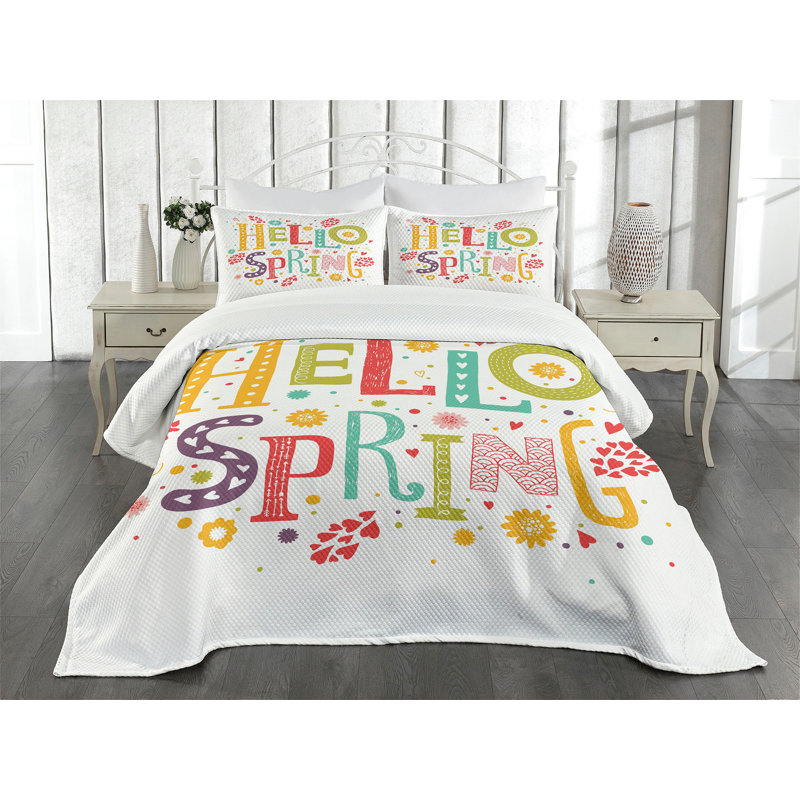 Ambesonne Hello Bedspread Set Colorful Spring Elements Multicolor, King Bedspread + 2 Standard Shams