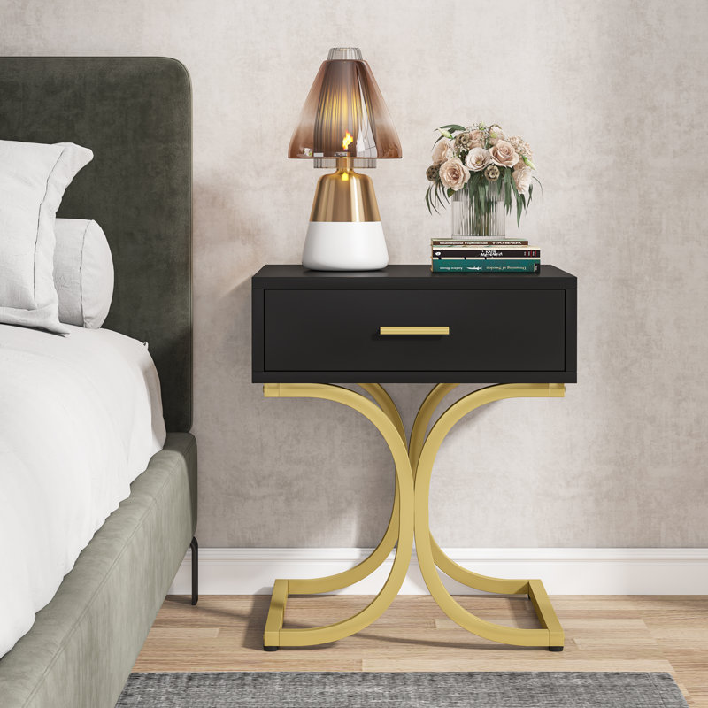 Celesse 45cm W Steel Bedside Table, Black/Gold