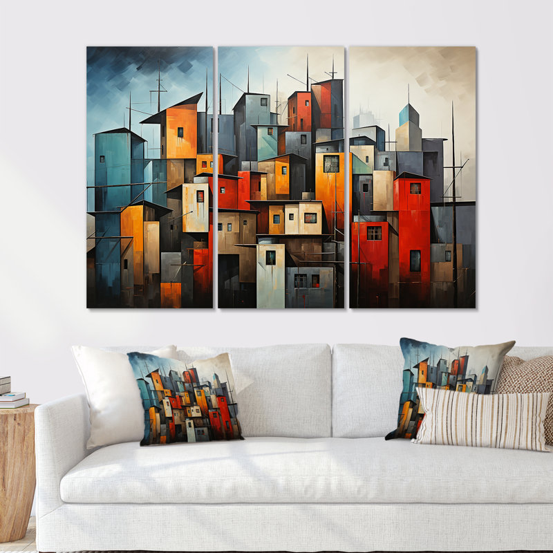 Cubist Urbanism Horizon III - Ensemble de décoration murale cubisme, Toile tendue, H 40 po x l 60 po x P 1 po