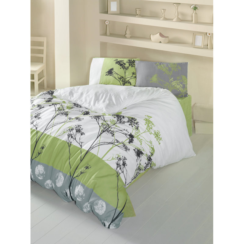 Ensemble de housse de couette en mélange de coton vert / noir / gris / blanc Abey