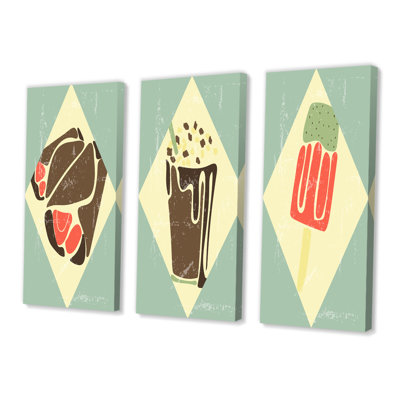 «Vintage Grunge Food Designs in Retro Colors I», ensemble de 3 pièces d'art moderne Mid-Century