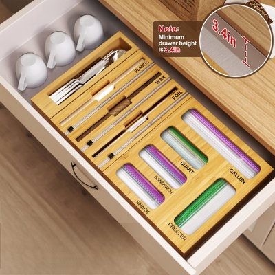 9 IN 1 Bamboo Foil And Plastic Wrap Organizer For Kitchen Drawer, Plastic Bag Organizer Organization And Storage, Food Storage Bag Organizer With Labels