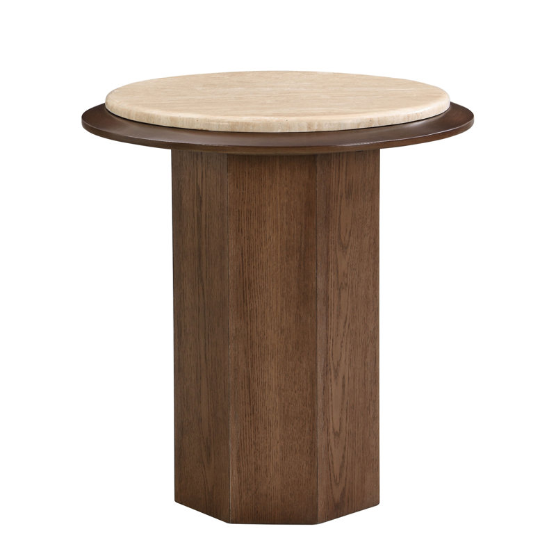 Kasha Travertine Top & Walnut End Table