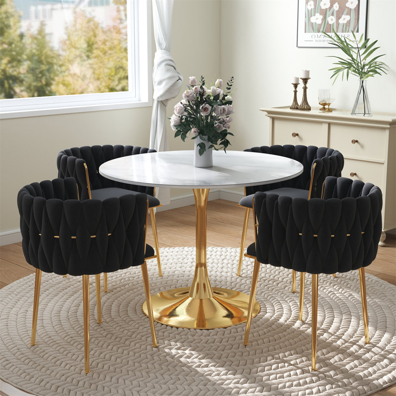 Ensemble de salle à manger à piédestal rond avec chaise tissée, Noir, noir, noir, noir