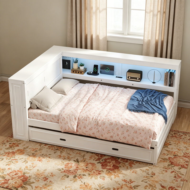 Lit de jour en bois pleine grandeur avec tablettes de rangement, USB, DEL et lit gigogne, parfait pour une vie moderne et fonctionnelle