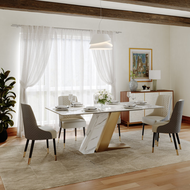 Modern Dining Table Sets for 6, White Sintered Stone Dining Table With PU Upholstered Chairs, Gold