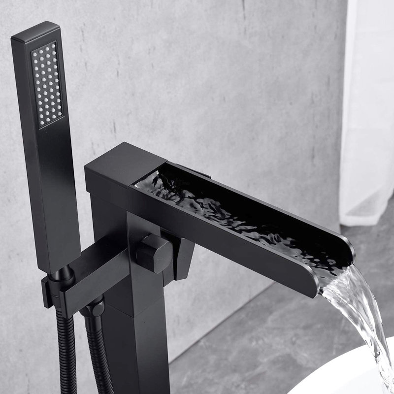 Floor Mounted Bathroom Tub Filler Matte Black With Flexible Hand Shower - Rust Fixture Modern Mount Foldable Rustproof Accessory