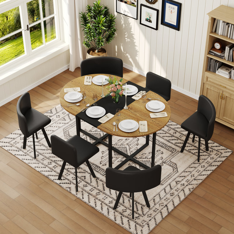 Ensemble de table de salle à manger 7 pièces ovale, plateau en grain de bois fixe et triamine noire avec 6 chaises en similicuir noir, ensemble de table de cuisine moderne pour 6 personnes, idéal pour les petits espaces, appartement, salle à manger