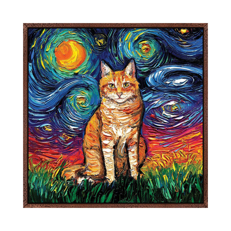 Orange Tabby Night II by Aja Trier - Print on Canvas, 45.72 cm H x 45.72 cm W, Classic Brown Wood Framed