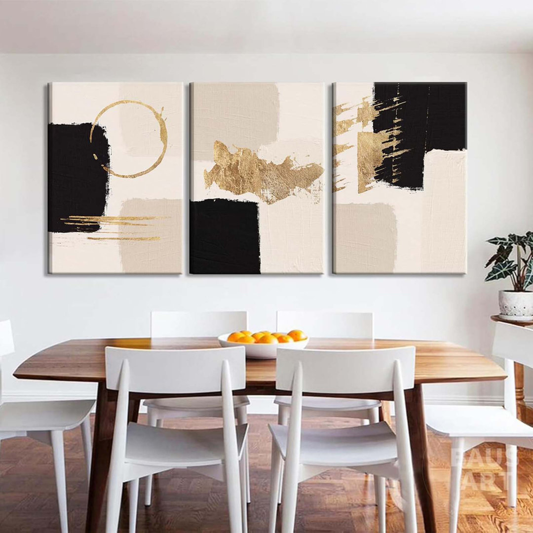 3Pcs Framed Black Gold Abstract Wall Art Bohemian Simple Geometric Canvas Poster Print Modern Beige Picture Painting Wall Decor For Living Room Bedroo
