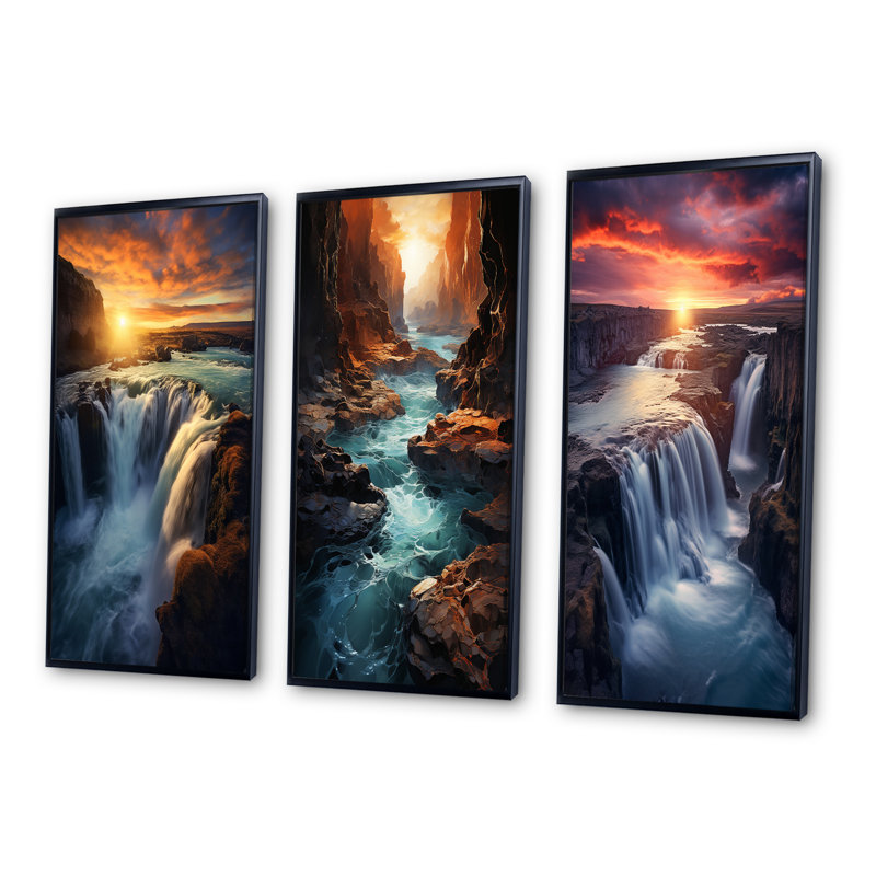 «Summery Sunset Over Majestic Waterfalls», 3 pièces sur toile, Cadre flottant noir, H 20 po x l 36 po