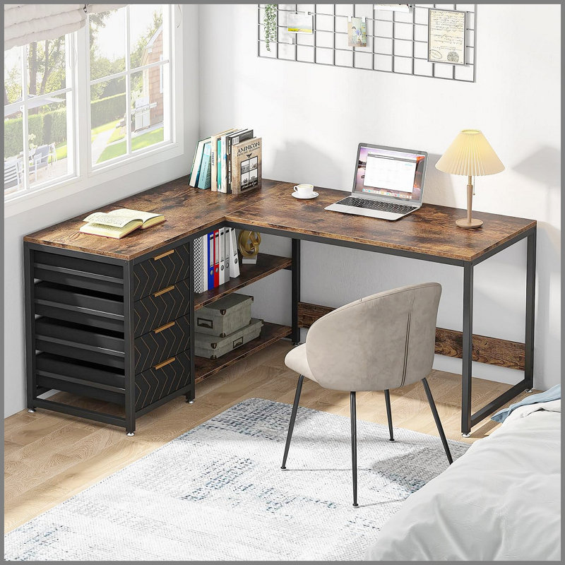 Bureau d'ordinateur en L avec tiroirs et tablettes de rangement, poste de travail réversible en coin, bureau d'écriture pour bureau à domicile