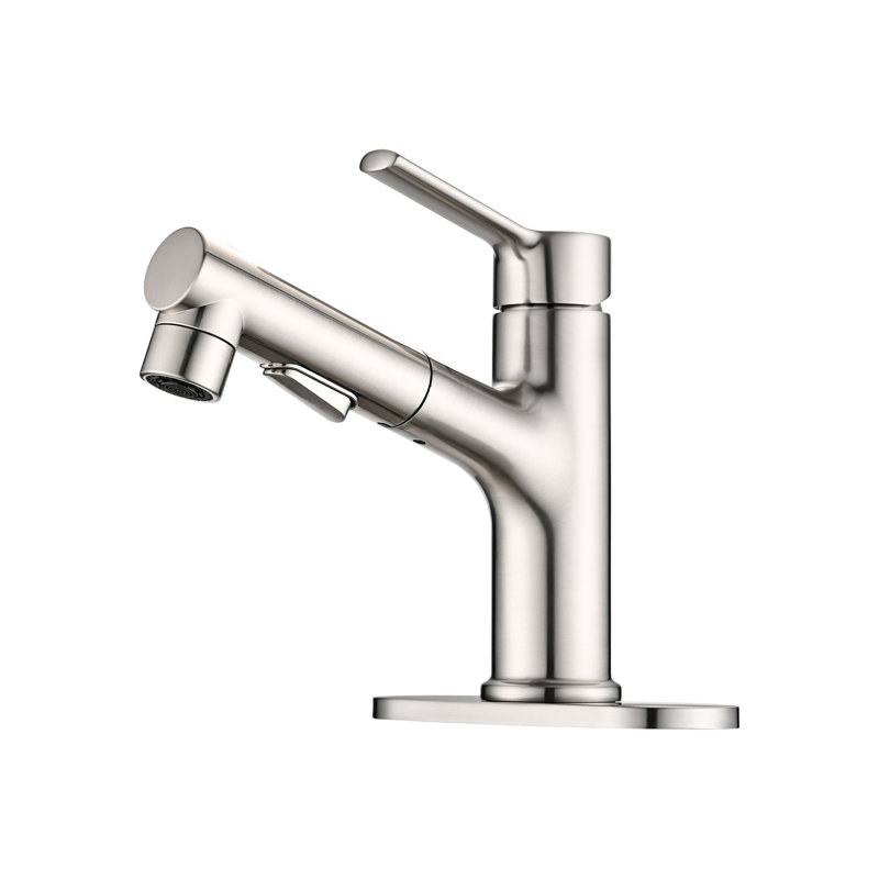 Brushed Nickel Bathroom Sink Tap, Pull Out , Single Handle, Contemporary Style With Pop-Up Drain & Deck Plate Faucet In Nickel, Pull-Out Design And