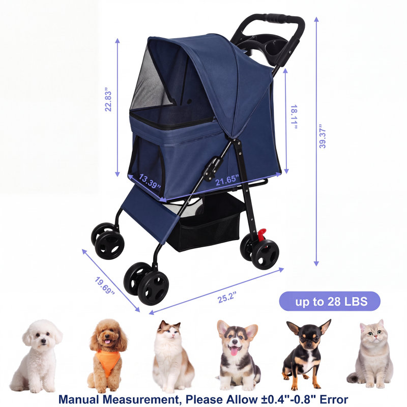 Poussette pliable pour animaux de compagnie pour petits chiens et chats, Blue