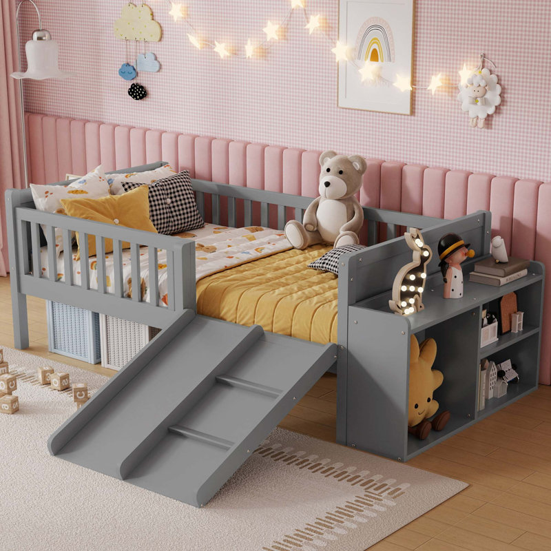 Lit mezzanine bas pour enfants avec glissade et rangement mobile