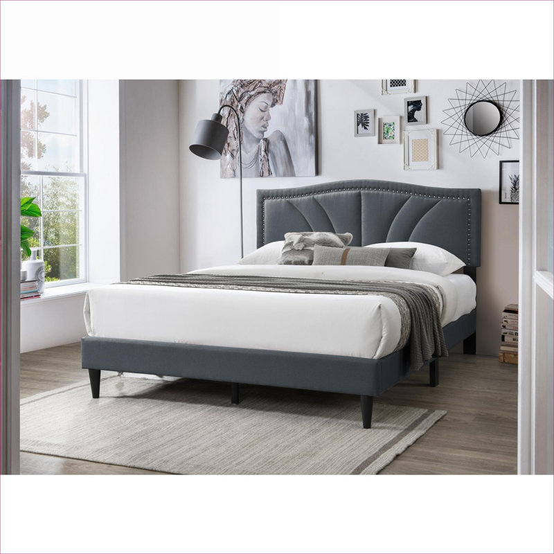 Curved Silhouette Upholstered Queen Platform Bed, Charcoal Burlap With Nailhead Trim, No Box Spring Required For Bedroom