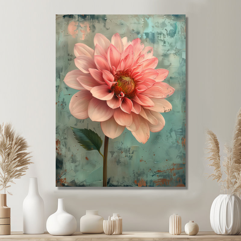 Dahlia rétro rose et bleu, collage V - Dahlia, salon d'art mural, H 30 po x l 40 po, Toile tendue